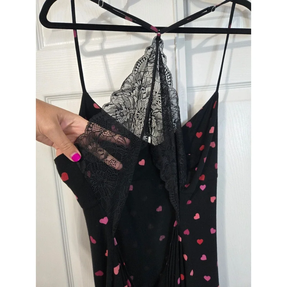Victoria's Secret Black Heart Print Lace Racerback Modal Chemise Nightgown XL